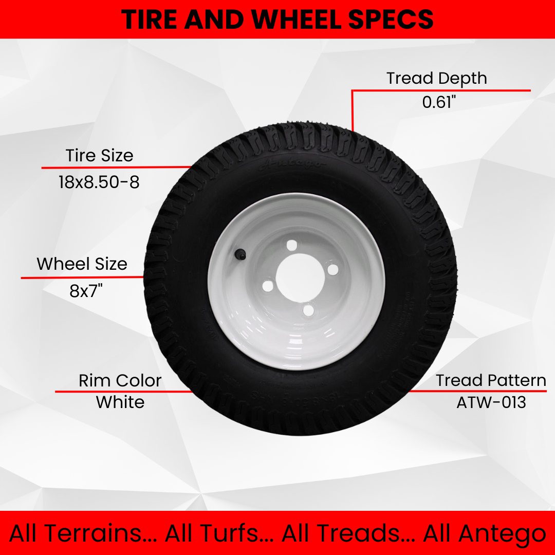18x8.50-8 Turf Tires on 8x7 White Steel Wheels Compatible with Golf Carts and Mowers (Compatible with Toro Grandstand) (Set of 2)