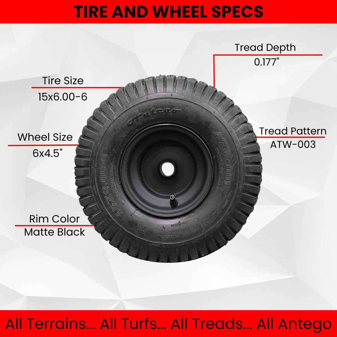 Antego Tire & Wheel - (Set of 2) (ATW-001) Matte Black Universal Fit 15x6.00-6nhs Lawn Mower Tires, 4 Ply, Tire and Wheel Assemblies with 3/4" and 5/8" Bushings Included