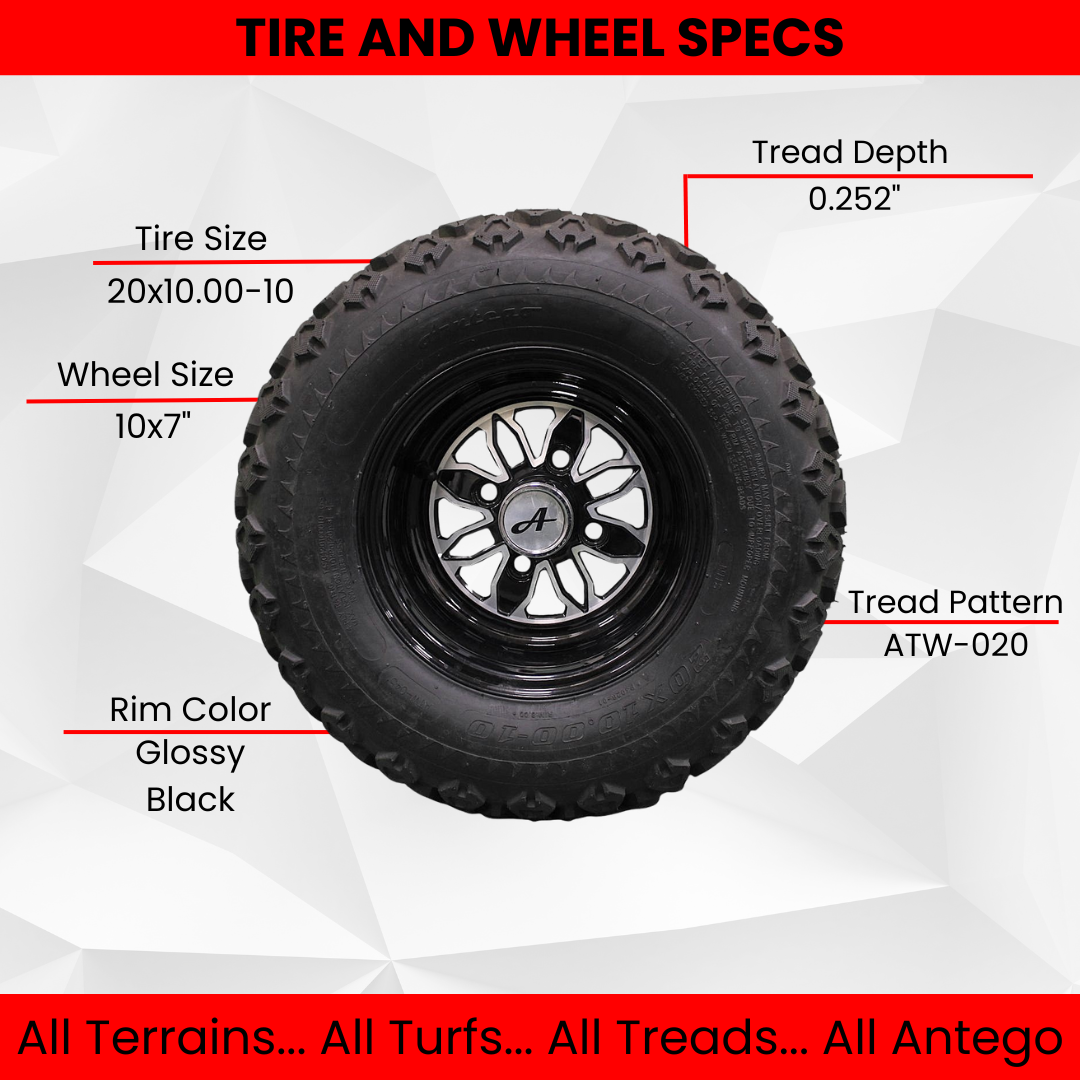 20x10.00-10 with 10x7 Fusion Glossy Black Wheels for Golf (Set of 4)