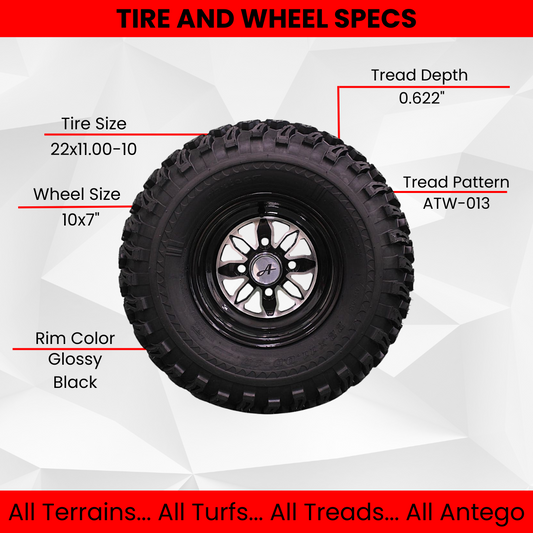 22x11.00-10 with 10x7 Fusion Glossy Black Wheels for Golf Cart (Set of 4)