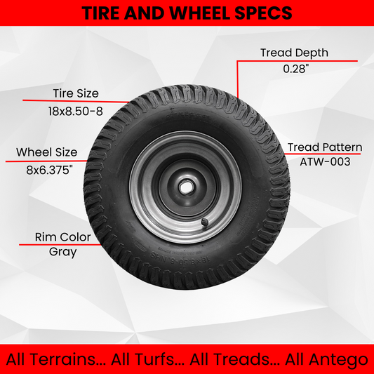 18x8.50-8 Tire with 8x6.375 Wheel Assembly (Qty: 1 Tire/Wheel Assembly) Ariens 07101130, Fits Ikon-X, Gravely ZTX Zero Turn Mowers *Due to supply, we may substitute 18x9.50 tires*