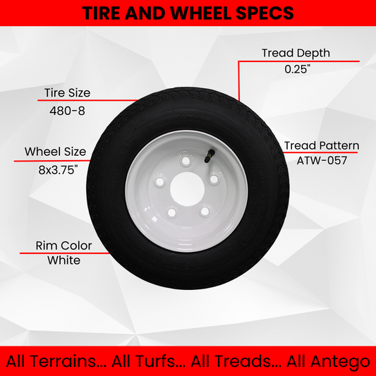 Antego Tire and Wheel (Set of 4) 4.80-8 Tire and Wheel Assemblies, White 5 Lug Trailer Tires and Wheels, 6 Ply, Load Range C