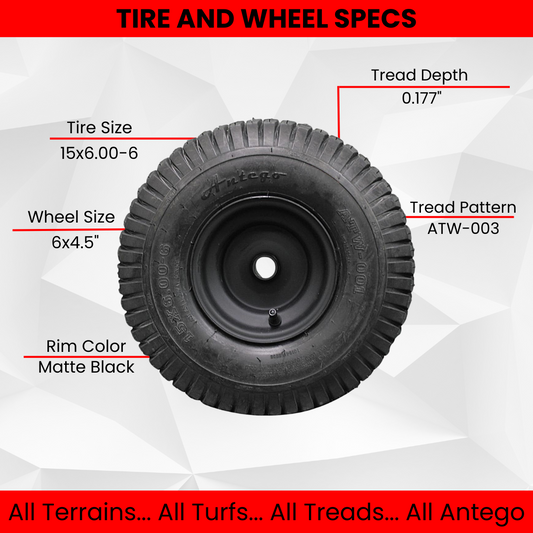 Antego Tire & Wheel - (Set of 2) (ATW-001) Matte Black Universal Fit 15x6.00-6nhs Lawn Mower Tires, 4 Ply, Tire and Wheel Assemblies with 3/4" and 5/8" Bushings Included