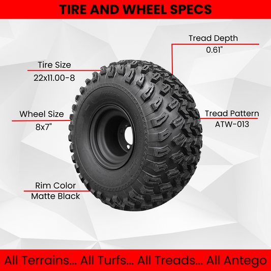 22x11.00-8 with 8x7 Matte Black Wheels for Golf Cart (Qty: 1)