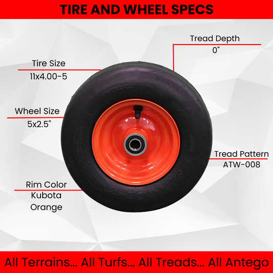 11x4.00-5 Tires & 5.25 Kubota Orange Wheels 4 Ply for Lawn & Garden Mower (Qty: 1)