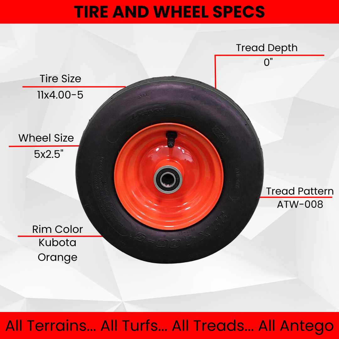 11x4.00-5 Tires & 5.25 Kubota Orange Wheels 4 Ply for Lawn & Garden Mower (Set of 4)