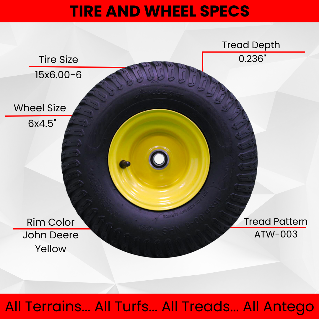 15×6.00-6 4 Ply Tires with 6×4.5 John Deere Wheels .75″ Bearing (Qty: 1 Assemblies)