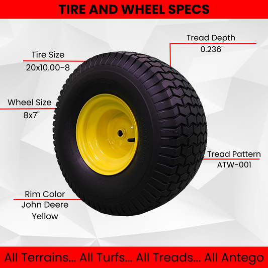 20x10.00-8 Tires with 8x7 John Deere Yellow Wheels 2 Ply for Lawn & Garden Mower Turf Tires (Set of 4)