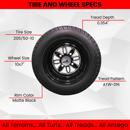 205/50-10 with 10x7 Fusion Glossy Black Wheels for Golf Cart (Set of 4)