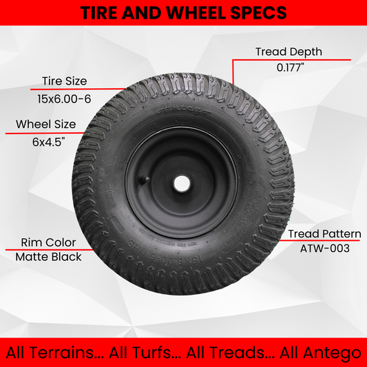 (Qty: 1) Matte Black Universal Fit 15x6.00-6 Tires & Wheels 4 Ply for Lawn & Garden Mower Turf Tires .75" Bearing (ATW-003)