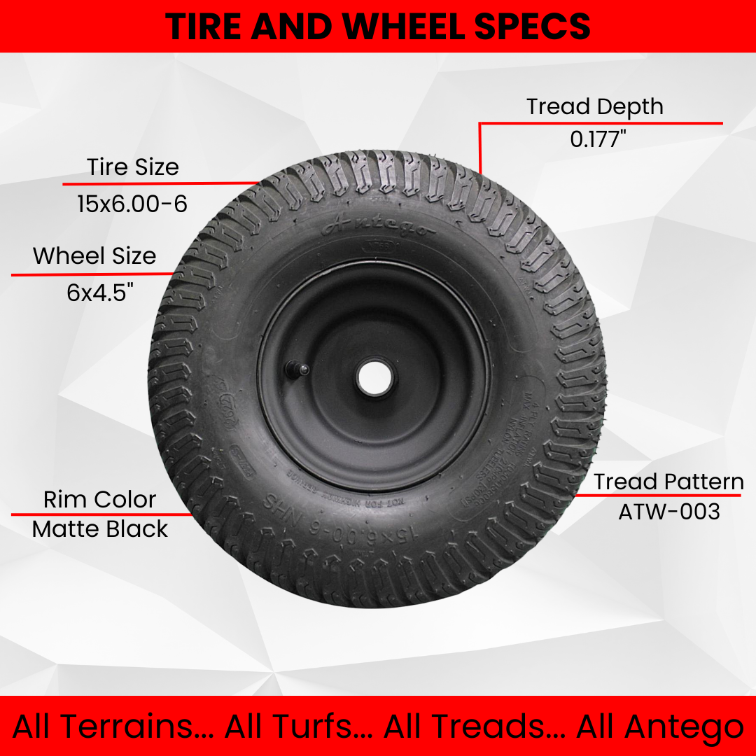 Antego Tire & Wheel - (Set of 2) (ATW-003) Matte Black Universal Fit 15x6.00-6nhs Lawn Mower Tires, 4 Ply, Tire and Wheel Assemblies with 3/4" and 5/8" Bushings Included