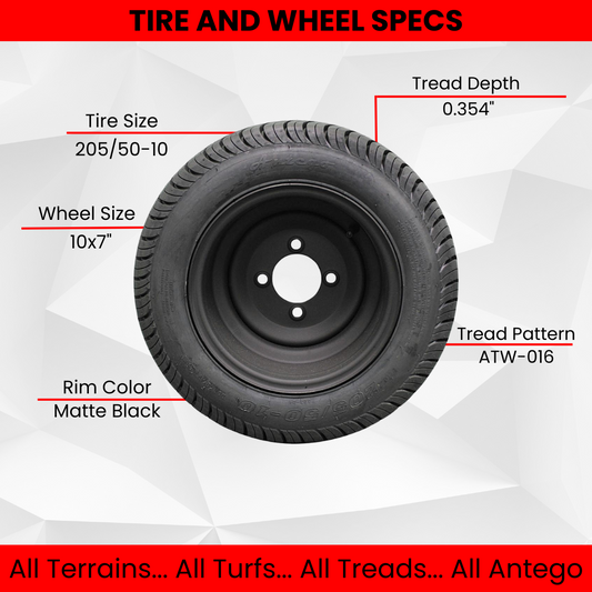 205/50-10 with 10x7 Matte Black Wheels for Golf Cart (Qty: 1)