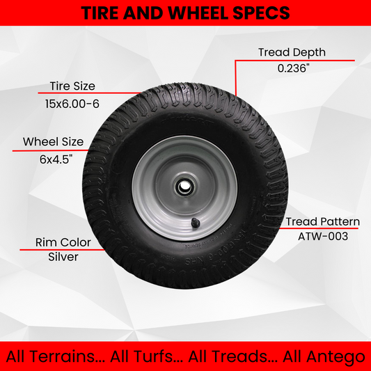 Antego Tire & Wheel (Set of 2) 15x6.00-6 Tire and Wheel Assemblies, ATW-003, 4 Ply Turf Tires, .75" Precision Ball Bearings, Poulan/Husqvarna Mower Front Tires, and Honda Lawn Mower Tires 15x6.00-6