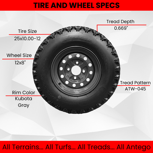 (Qty: 2) 25x10.00-12 tire with 4 Hole wheel for Kubota RTV’s 900, 1100, 1140 UTV’s Assy 6 Ply ATW-045