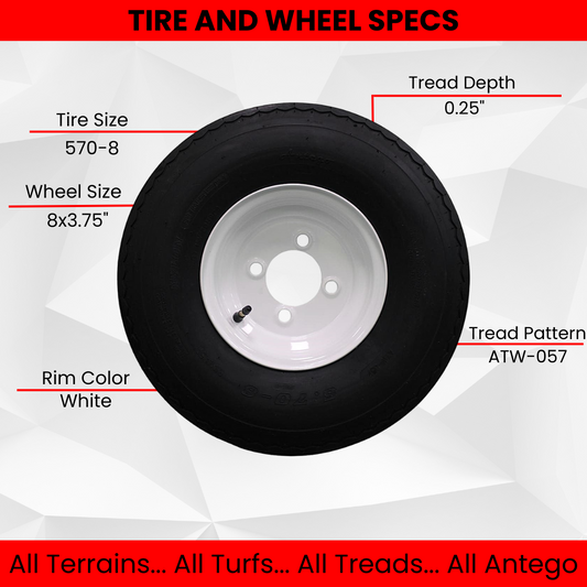 Antego Tire and Wheel (Set of 4) 5.70x8 Trailer Tire and Wheel Assemblies, White 4 Lug Trailer Tires and Wheels, 6 Ply, Load Range C