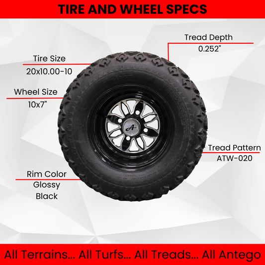 20x10.00-10 with 10x7 Fusion Glossy Black Wheels for Golf (Set of 4)