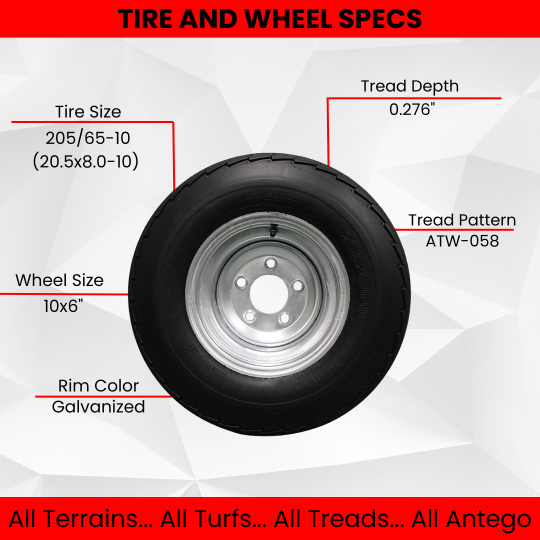 205/65-10 20.5x8.0-10 10 ply Load Range E Super Durable Antego Trailer Tire Wheel Assy - 5 Lug Galvanized Rim (Set of 4)