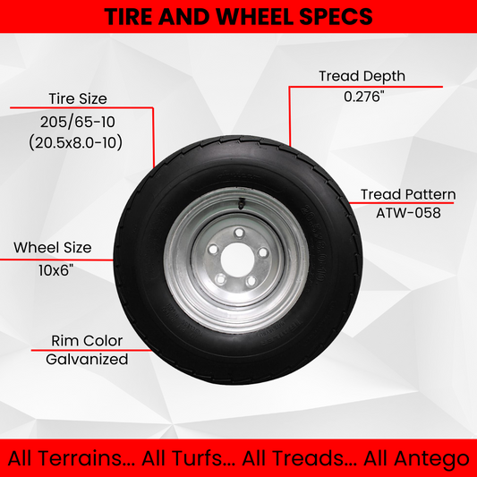 205/65-10 20.5x8.0-10 10 ply Load Range E Super Durable Antego Trailer Tire Wheel Assy - 5 Lug Galvanized Rim (Set of 2)
