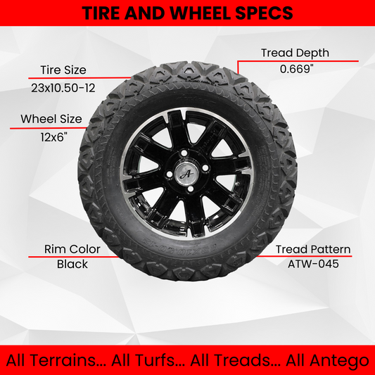 23x10.50-12 with 12x6 Black Aluminum Wheels for Golf/ATV/UTV (Set of 2)