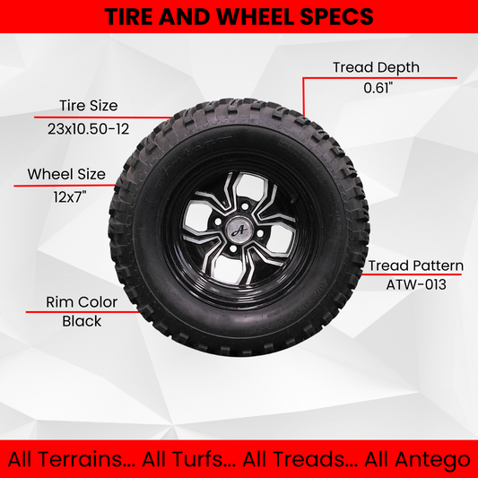 23x10.50-12 ATW-013 with 12x7 Black Fusion Golf Tire and Wheel Assemblies (1 Right 1 Left)