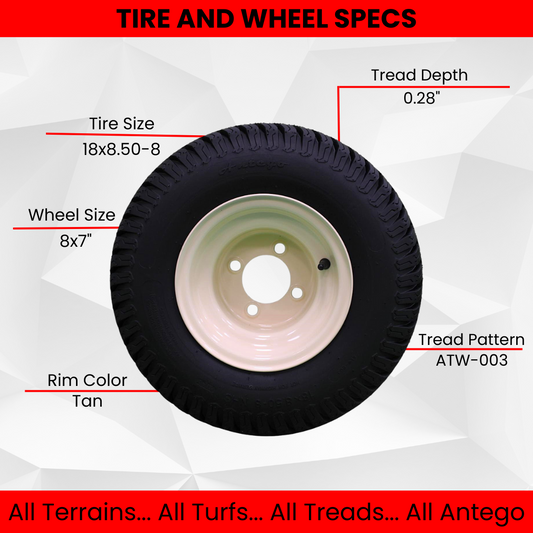 18X8.50-8" Turf Tires 4 Ply with 8x7 Beige/Tan Steel Golf Cart Wheel Assemblies ATW-003 (Set of 4)