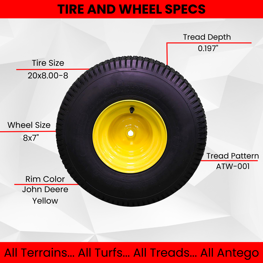 20x8.00-8 4 Ply Tires with 8x7 John Deere Yellow Wheels for Lawn & Garden Mower Turf Tires (Qty: 1)