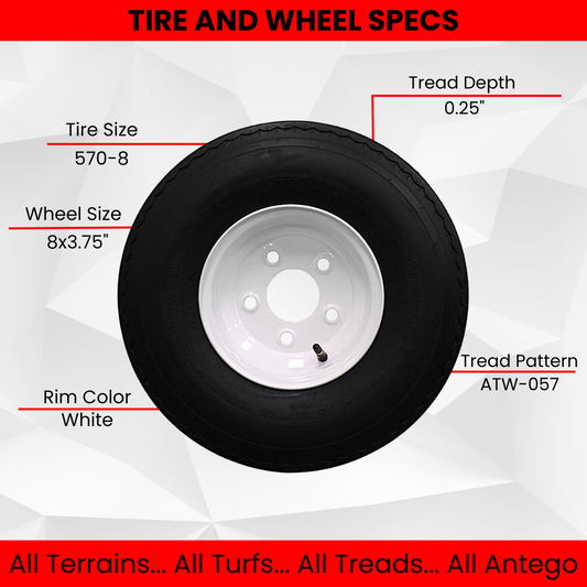 Antego Tire and Wheel (Set of 4) 5.70x8 Trailer Tire and Wheel Assemblies, White 5 Lug Trailer Tires and Wheels, 6 Ply, Load Range C