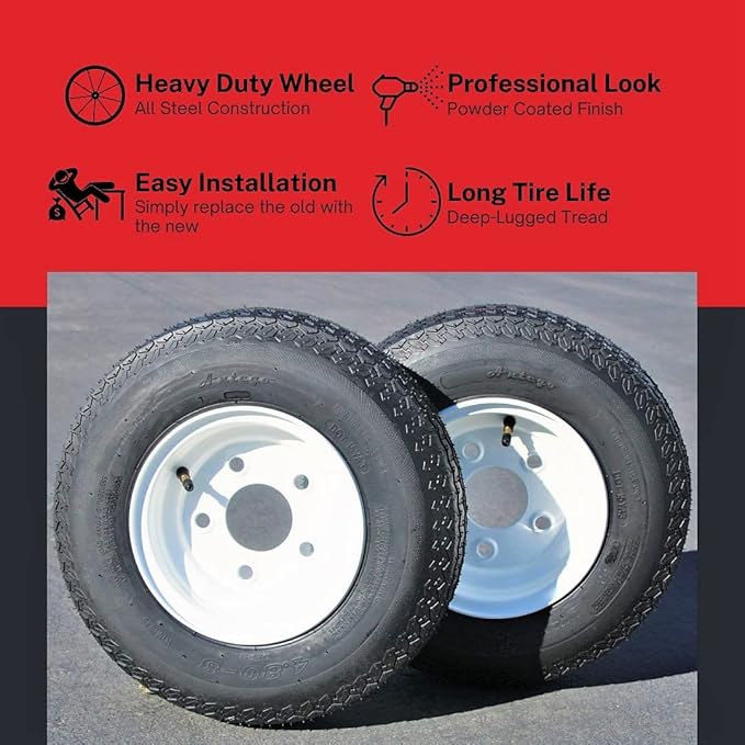 Antego Tire and Wheel (Set of 2) 4.80-8 Tire and Wheel Assemblies, White 5 Lug Trailer Tires and Wheels, 6 Ply, Load Range C