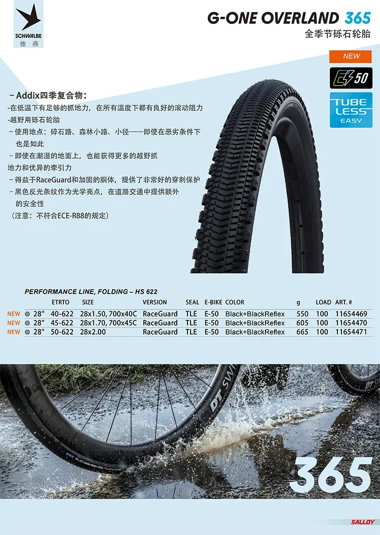 SCHWALBE Original G-ONE OVERLAND 365 Tubeless Bicycle Tire for The All-Season Gravel MTB XC Off-Road Bike Cycling Parts