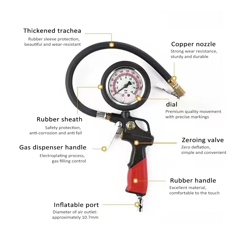 Tire Inflator with Pressure Gauge Mechanical Pointer Tire Pressure Gauge Strong Wear Resistance Easy to Use  for Car Truck