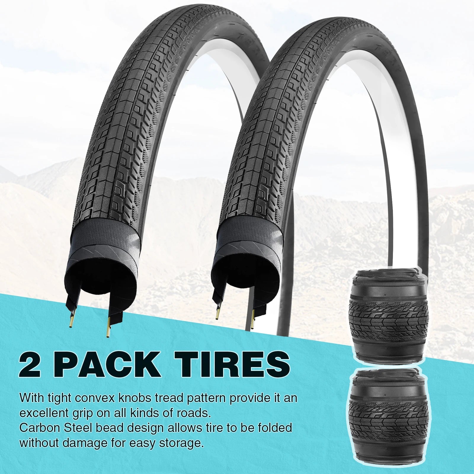 ZUKKA 2 Pack Value Replacement 20"/24"x1.75 Mountain Bike Outer Tires High Grip Foldable Durable for Off-Road Trail