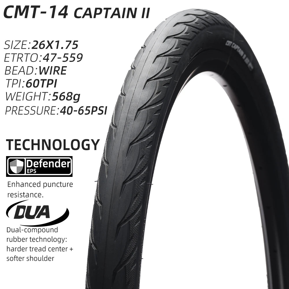 CST CMT-14 City Commuter Touring Bicycle Tire  All-Season Low Rolling  Wire Bead, Available in 26 27.5 Inches