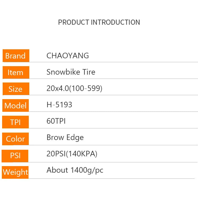 CHAOYANG ARISUN 20x4.0 Fat Tire Snow Bicycle Mobilebike 20PSI Brown Edge Anti-slip Electric Beach 60TPI Bike MTB Bicycle Tire