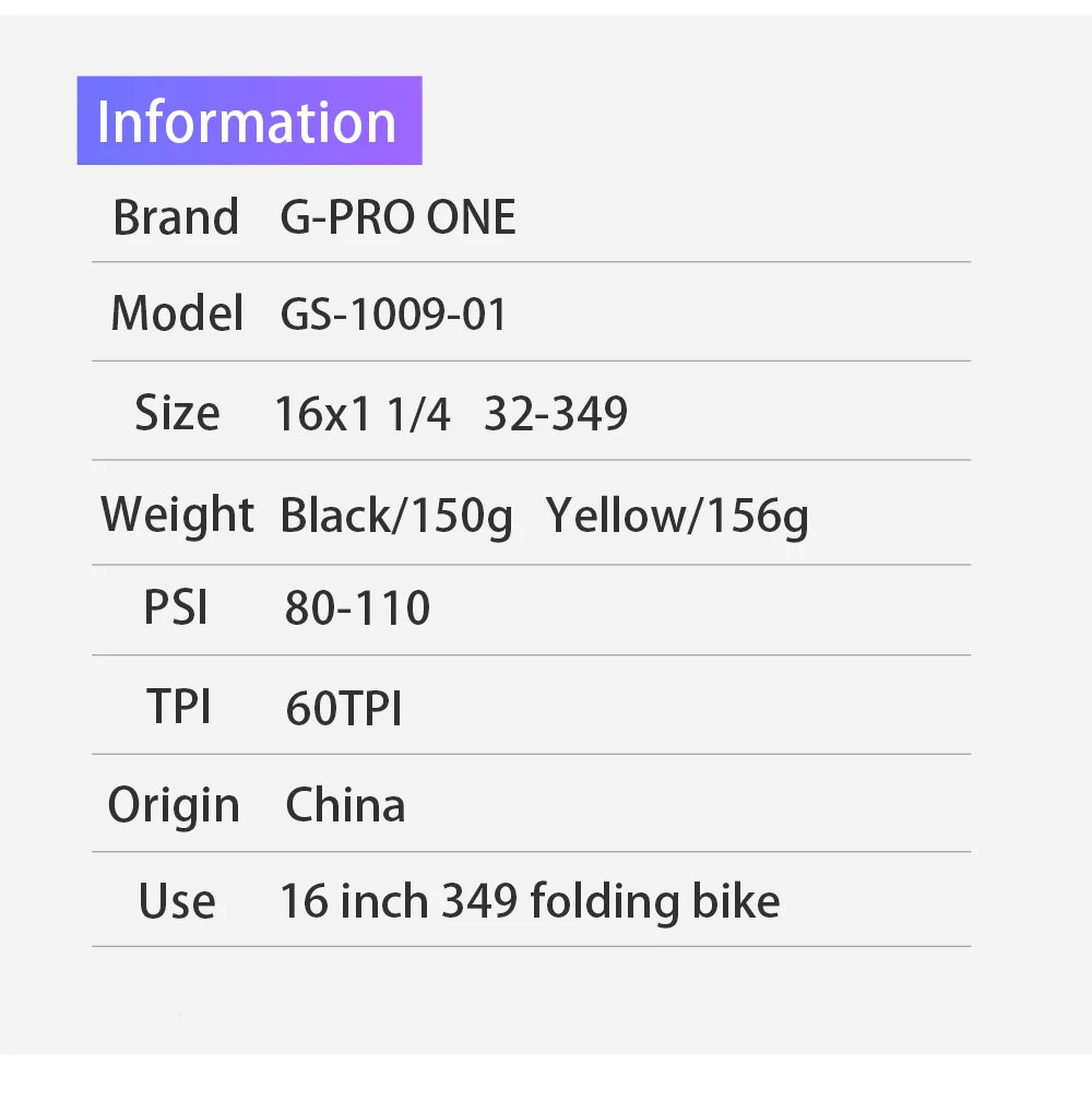 G-PRO-ONE Original 16 inch Small Wheel Bicycle Folding Tire 32-349 16x1 1/4 for Brompton Bicycle BMX Bike GS-1009/2309
