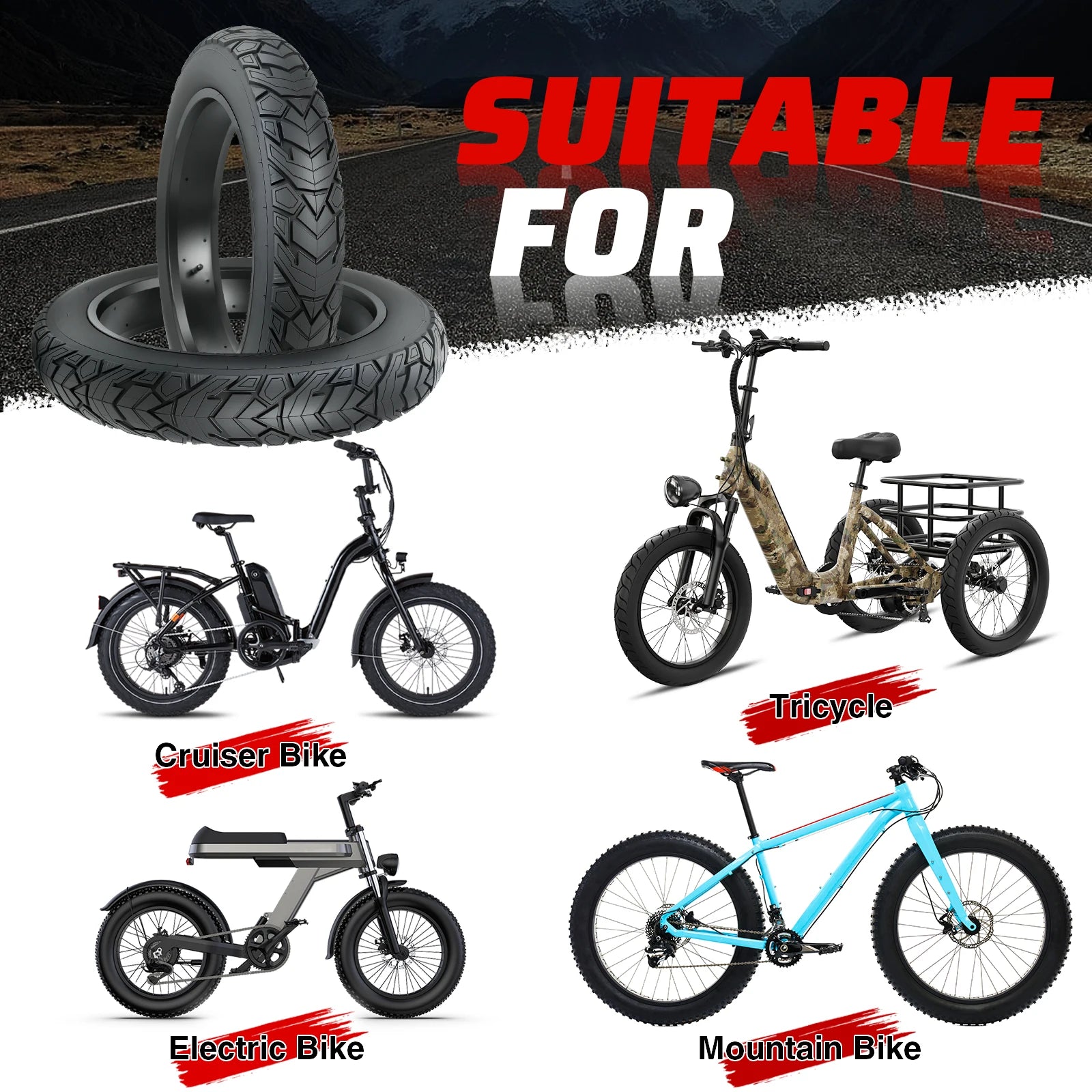 ZUKKA 26x 4.0 E-Bike Tire 2 Pack Fat Tire High Performance Fat Tire/White Wall Tire Replacement Tire Folding