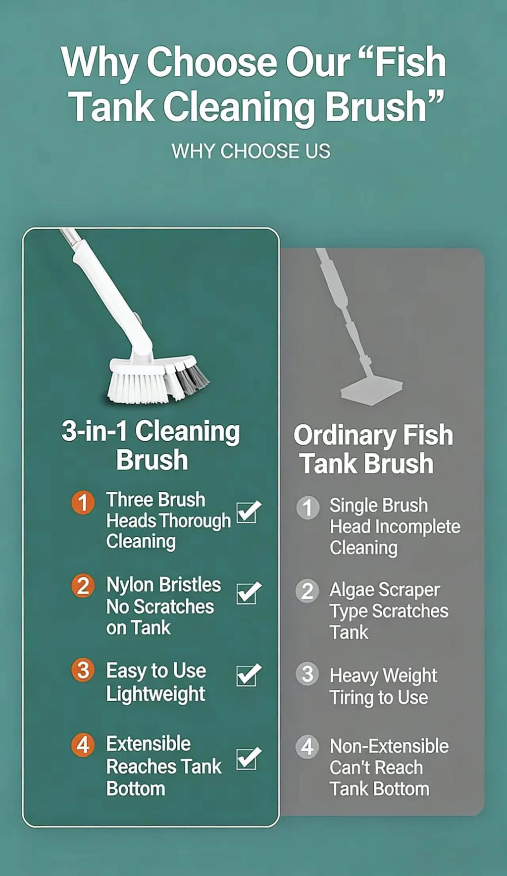 ZUKKA Multi-Function Aquarium Cleaner with 3 Replaceable Heads, Extendable Long Handle for Deep Tank Cleaning, Safe for Glass