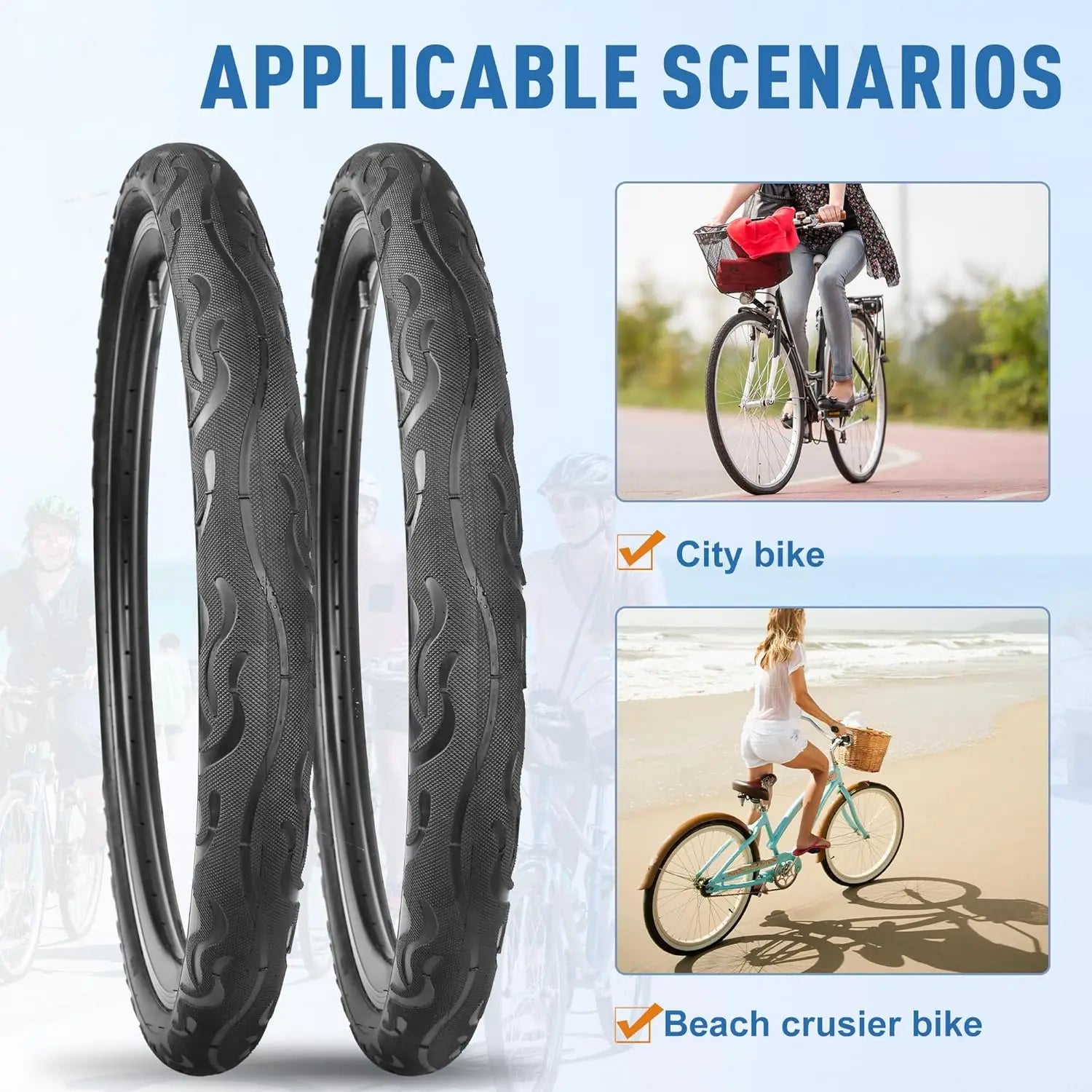 ZUKKA 2 Pack Bike Tire for Cruiser Bike 20/24/26 Inch  Flame Pattern Thread Bicycle Tire for MTB Cruiser Bicycle Black