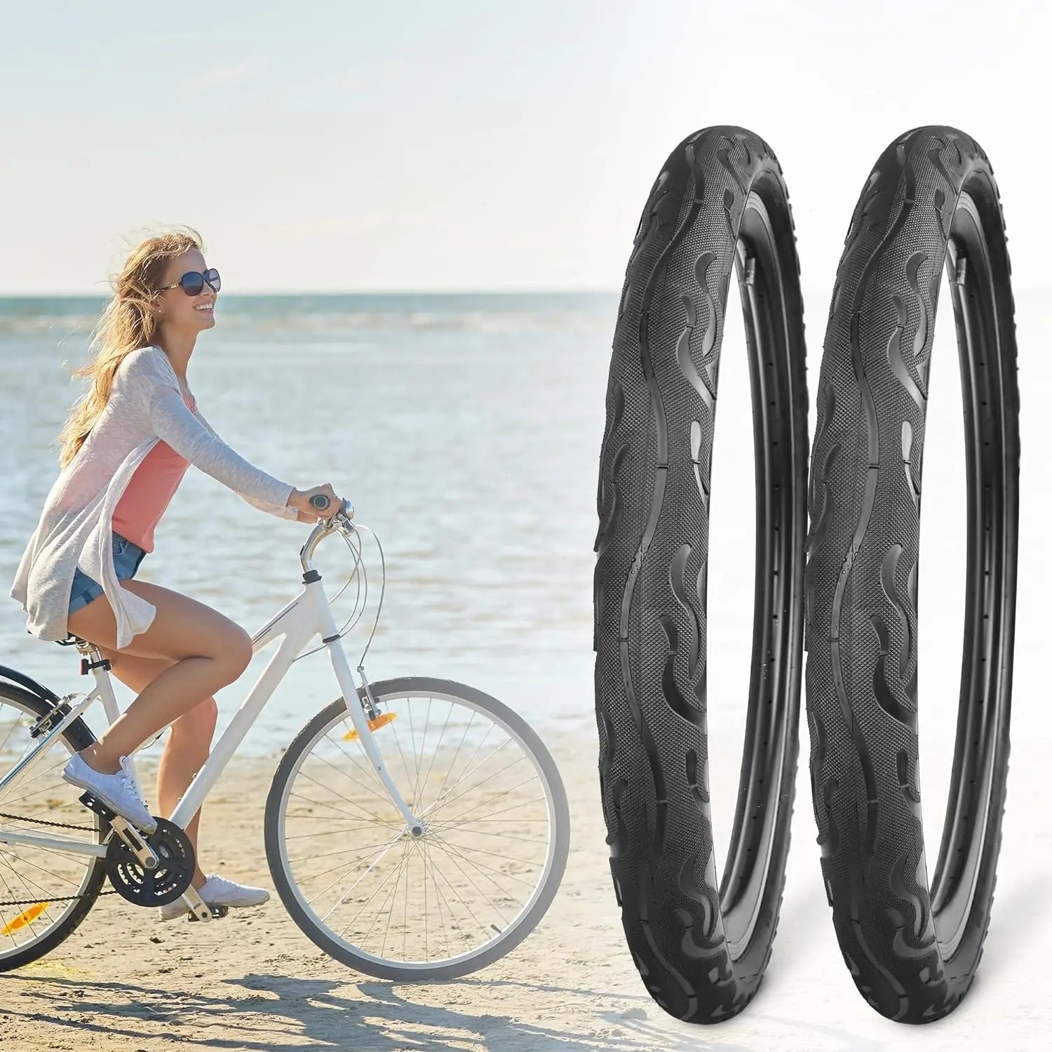 ZUKKA 2 Pack Bike Tire for Cruiser Bike 20/24/26 Inch  Flame Pattern Thread Bicycle Tire for MTB Cruiser Bicycle Black