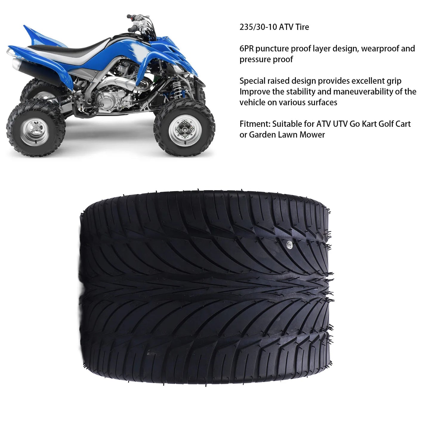 10 Inch 235/30-10 Tire Go Kart Tire All Terrain Multifunction Excellent Traction Rubber for ATV UTV Go Kart Golf Cart Lawn Mower