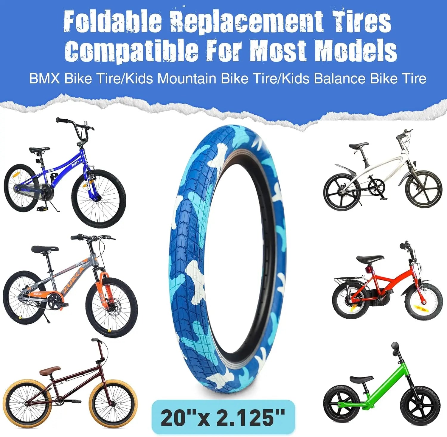 ZUKKA20 x 2.125 Bike tire 2 Pack 20 Bike tire BMX Bike Tires Kids Blue 20" Bike Tires Folding Replacement Tires Fits Most Kids