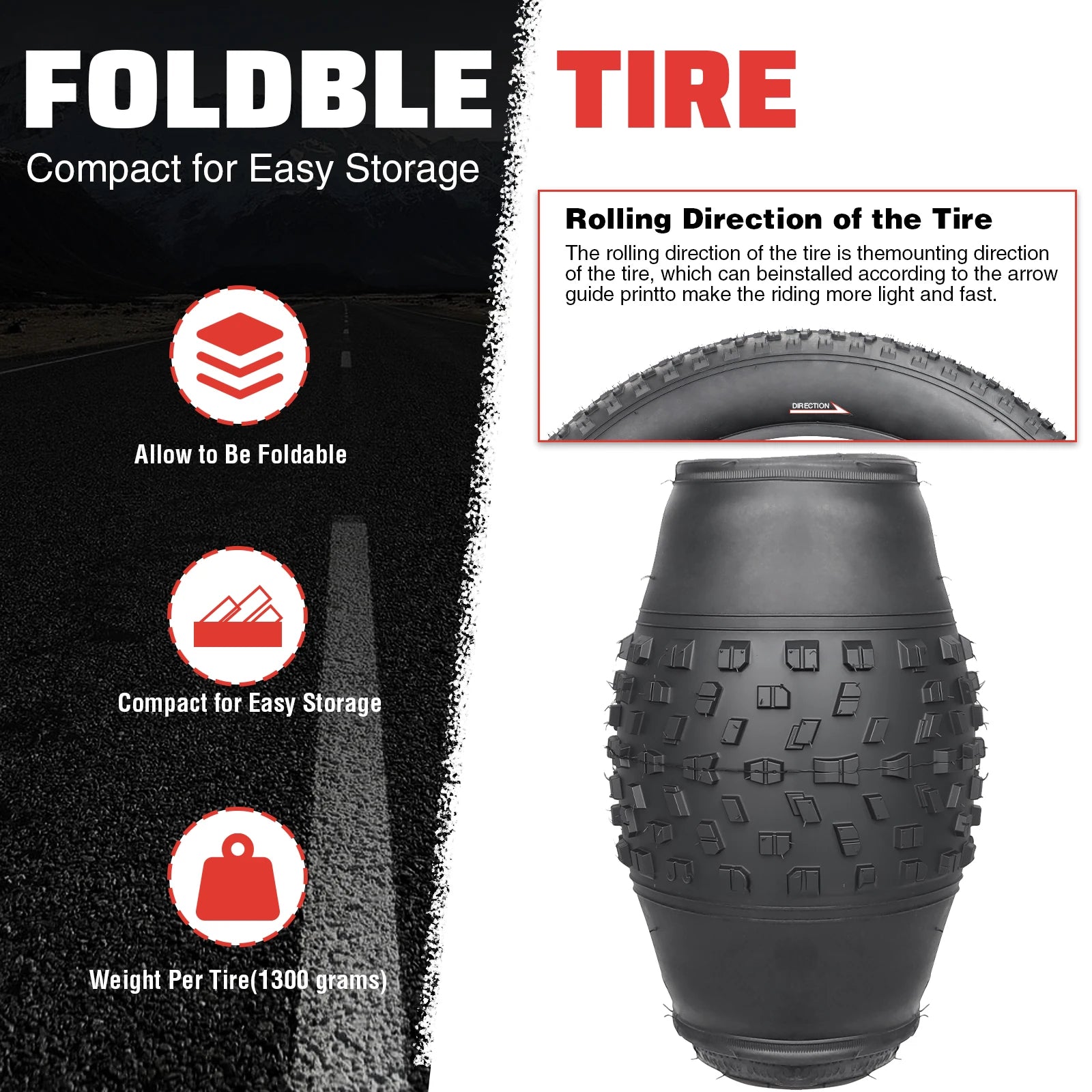 ZUKKA 24x3.0 Inch All-Terrain Foldable Bike Tire - Durable Knobby Tread for E-Bike/Fat Bike/Snow Bike