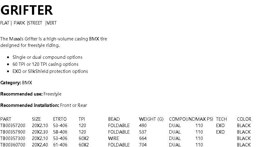 MAXXIS GRIFTER (M148) BMX TIRE FOLDABLE TIRE 20x2.1/2.3/2.4 Original Bicycle Tire 20er Bmx Bike 20inch Bmx Wheels 20 Inch