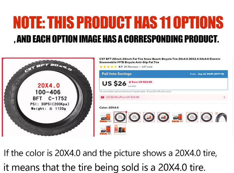 CST BFT 20inch 24inch Fat Tire Snow Beach Bicycle Tire 20x4.0 20X2.4 24x4.0 Electric Snowmobile MTB Bicycle  Anti-Slip Fat Tire