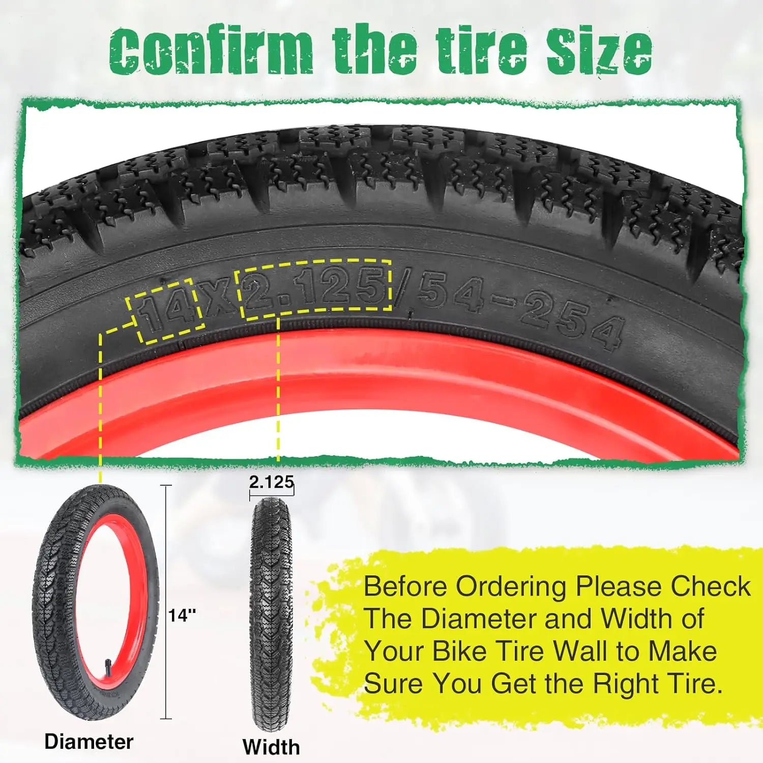 ZUKKA 14"x2.125 Kid Bike Tire 2 Pack with 2 Inner Tubes Anti-Slip Wear-Resistant Folding Replacement