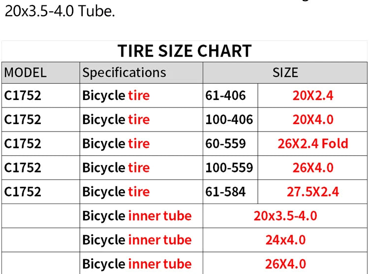 CST BFT 20inch 24inch Fat Tire Snow Beach Bicycle Tire 20x4.0 20X2.4 24x4.0 Electric Snowmobile MTB Bicycle  Anti-Slip Fat Tire