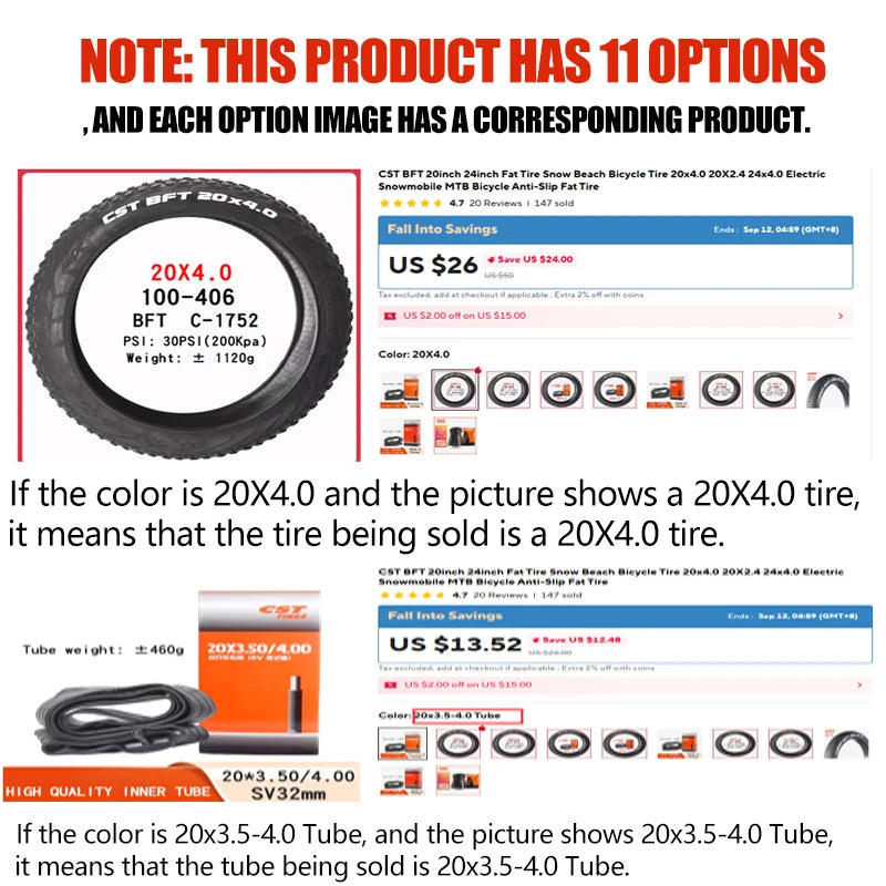 CST BFT 20inch 24inch Fat Tire Snow Beach Bicycle Tire 20x4.0 20X2.4 24x4.0 Electric Snowmobile MTB Bicycle  Anti-Slip Fat Tire