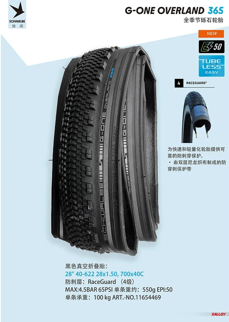 SCHWALBE Original G-ONE OVERLAND 365 Tubeless Bicycle Tire for The All-Season Gravel MTB XC Off-Road Bike Cycling Parts