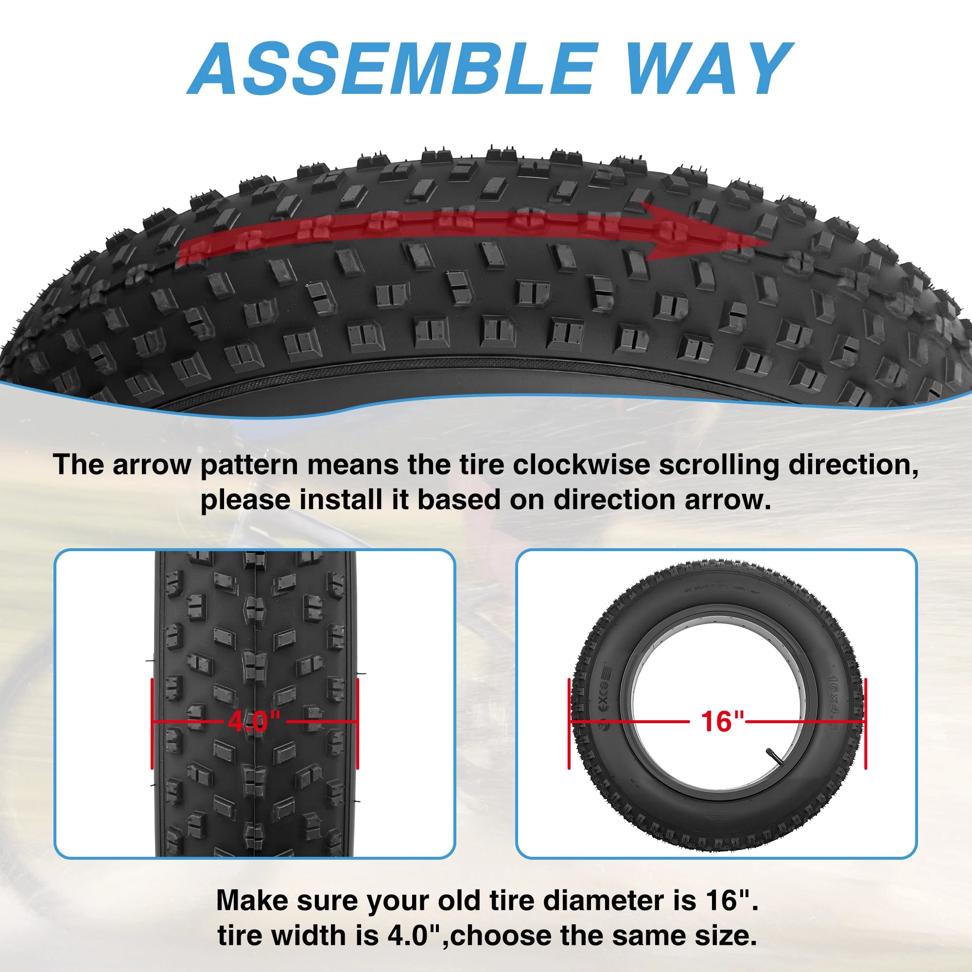 ZUKKA 16x4.0 Fat Bike Tire Set 2 Inner Tubes Knobby Tread All-Terrain Foldable Durable for E-Bike Snow Bike